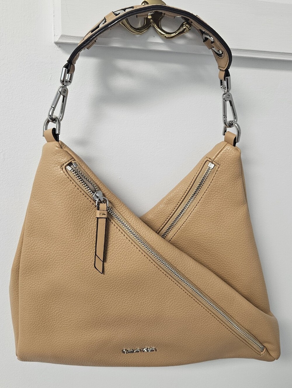 Calvin Klein Camel Tan Pebbled Leather Hobo Crossbody Bag Convertible Shoulder